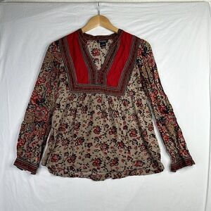 Lucky Brand Red and Beige Floral Blouse